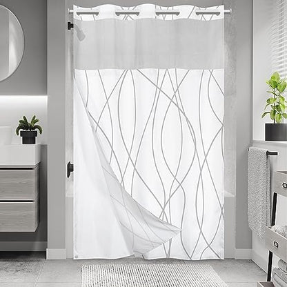 LXBNI Gray White No Hook Shower Curtain with Liner, 54 x 80 Inch