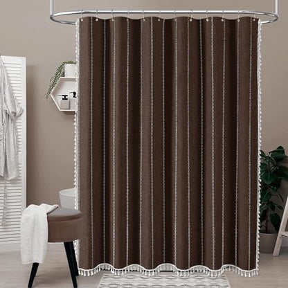 BTTN Brown Boho Farmhouse Linen Heavy Duty Cloth Shower Curtain Set, 72x72