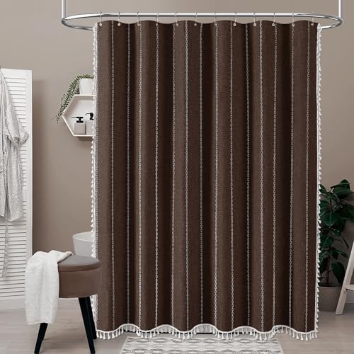 BTTN 72x96 Extra Long Boho Linen Heavy Duty Cloth Shower Curtain Set, Brown