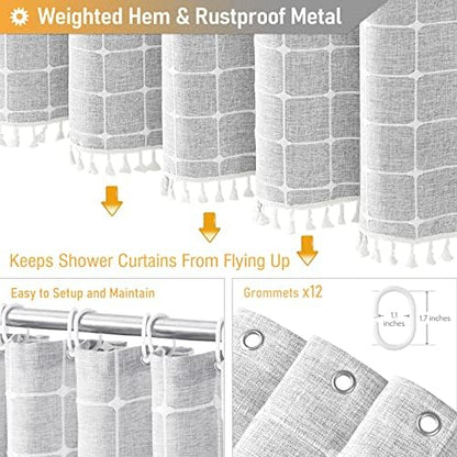 BTTN 72x90 Boho Farmhouse Linen Heavy Duty Shower Curtain Set, Gray/Grey