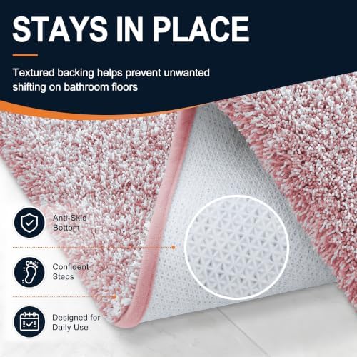 OLANLY Microfiber Bathroom Rugs 47x17, Quick Dry Mat, Deep Rose and White