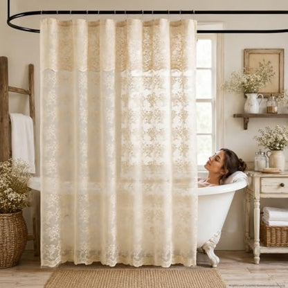 TUDECO Extra Long Beige Lace Shower Curtain with Valance, 72 x84 Inch