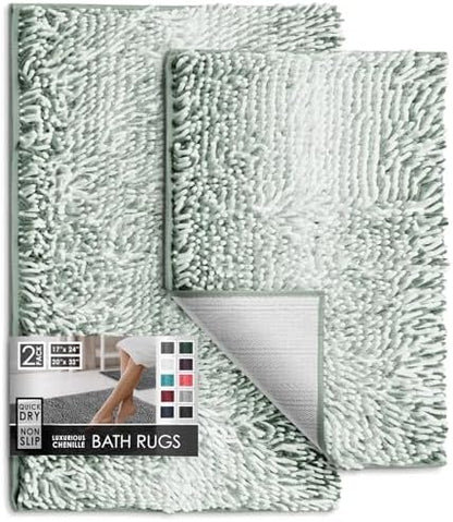 Hearth & Harbor Bathroom Rugs, Chenille Bath Mat - Machine Washable Bath Mats for Bathroom Non-Slip Backing Rubber, Quick Dry Bathroom Mat, 17 x 24 + 20 x 32 - Ombre Green