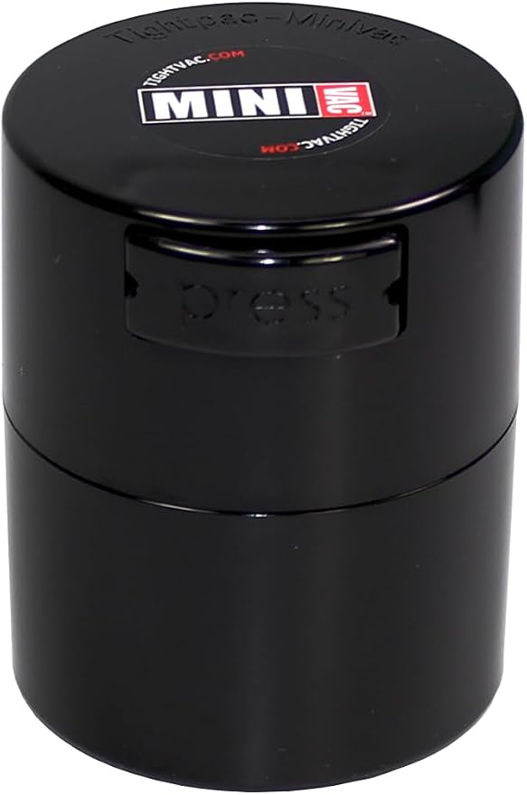 Tightpac Minivac Portable Vacuum Seal Airtight Container – Keeps Coffee Beans, Grounds, Tea, Spices & Herbs Fresh Longer – Travel-Ready, NSF-Certified Food-Grade Storage, 10 to 30 Grams, Black