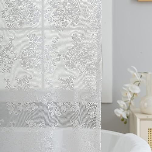 TUDECO White Lace Shower Curtain with Attached Valance, 72W x 84L Inch