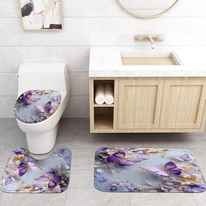 Chrainy 4pcs Purple Butterfly Shower Cutain Set Bathroom Decor with Rugs