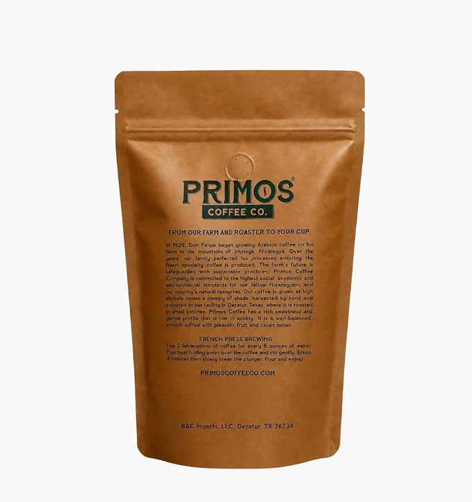 Primos French Press Coffee, Smooth, Medium Roast, Coarse Grind, 2 Bags | Coarsely ground for balanced extraction with no bitterness; low acidity, fruit & cacao notes; from our Nicaraguan family farm
