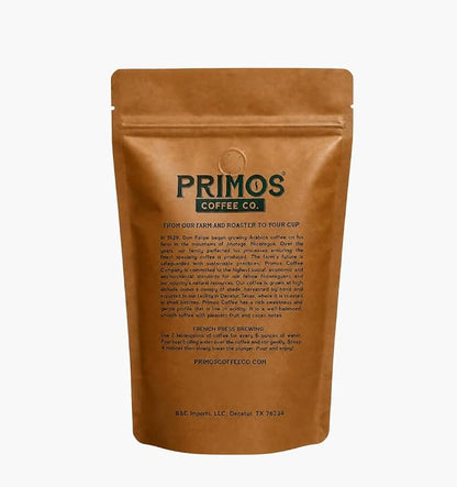 Primos French Press Coffee, Smooth, Medium Roast, Coarse Grind, 2 Bags | Coarsely ground for balanced extraction with no bitterness; low acidity, fruit & cacao notes; from our Nicaraguan family farm