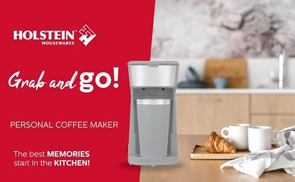 Holstein Housewares Personal Coffee Maker with 14oz Travel Mug – Compact One-Touch Brew Machine with Reusable Filter, Auto Shut-Off, Non-Stick Plate, Ideal for Home, Office, or Dorm. Grey