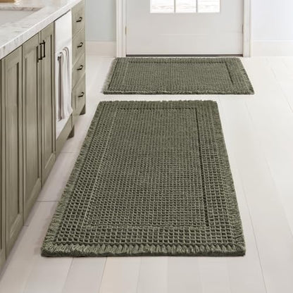 MIULEE Set of 2 Waffle Bathroom Rugs Bordered Mat Green 17"x24"+18"x30"