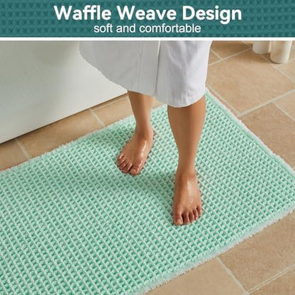 Triohero Waffle Bath Mat, Boho Bathroom Rugs Non Slip, 24x48 Sea Foam Blue