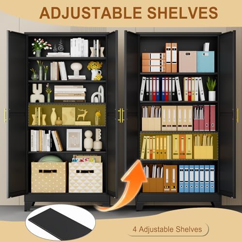 75" Black Tall Metal Storage Cabinet with 2 Doors and 5 Adjustable Shelves,Steel Garage Tool Cabinet, File Cabinet,Kitchen Pantry Cabinet for Home,Office,Garage,School,Warehouse
