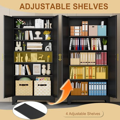 75" Black Tall Metal Storage Cabinet with 2 Doors and 5 Adjustable Shelves,Steel Garage Tool Cabinet, File Cabinet,Kitchen Pantry Cabinet for Home,Office,Garage,School,Warehouse