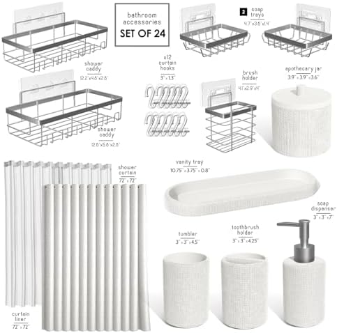 Clara Clark Bathroom Set - White Bathroom Accessories Set, 24PC Bathroom Accessory Set, Bathroom Sets with Shower Curtain Set, Adhesive Corner Shower Caddy Hanging & Soap Dispenser