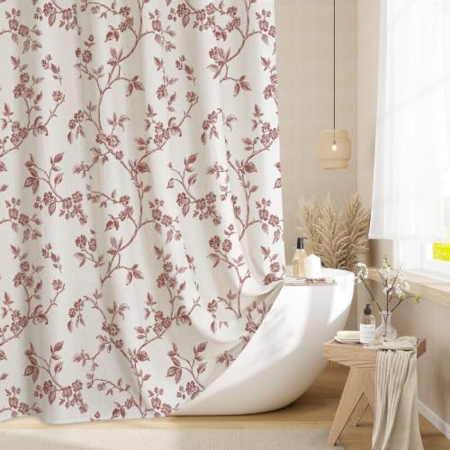 MitoVilla Burgundy Linen Floral Shower Curtain for Bathroom, 72 x 72
