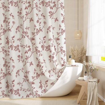 MitoVilla Burgundy Linen Floral Shower Curtain for Bathroom, 72 x 72