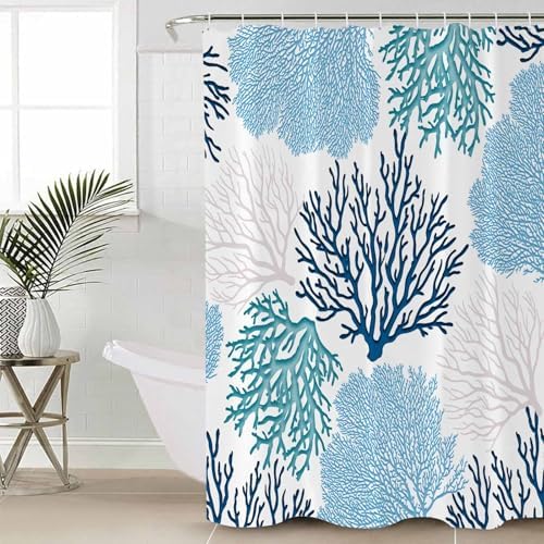 Shower Curtain Bathroom Set Classic Sea Blue Coral Waterproof Shower Curtains with Grommets Hooks Abstract Marine Life Scenery Privacy Bath Curtain for Bathtub Decor 36x72in