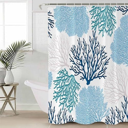 Shower Curtain Bathroom Set Classic Sea Blue Coral Waterproof Shower Curtains with Grommets Hooks Abstract Marine Life Scenery Privacy Bath Curtain for Bathtub Decor 60x72in