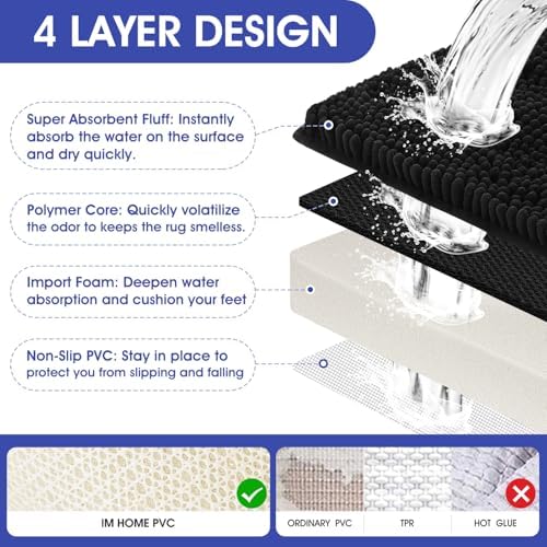 ACCUMTEK Striped Black Bathroom Rug Mat 32"x20" Ultra Soft, Non Slip Chenille Bath Rugs, Absorbent Plush Shaggy Bath Mats for Bathroom, Bedroom, Kitchen, Shower, Tub