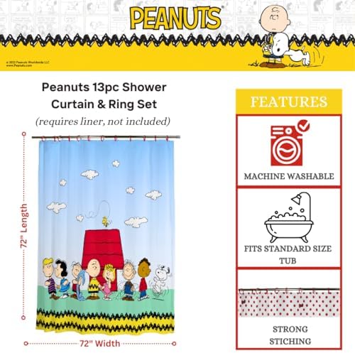 Peanuts 13-Piece Shower Curtain Set, 72 x 72 Inch Fabric Curtain with Hooks, Bathroom Decor, Machine Washable, (100% Officially Licensed Product) by Franco Collectibles