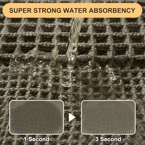 IM HOME Upgrade Waffle Bath Mat Set 2 Piece, Greyish Green, Boho Bathroom Rugs Absorbent Non Slip, Ultra Soft Bathroom Mat, Machine Washable Knit Bath Rugs with Herringbones for Bathroom, Kitchen