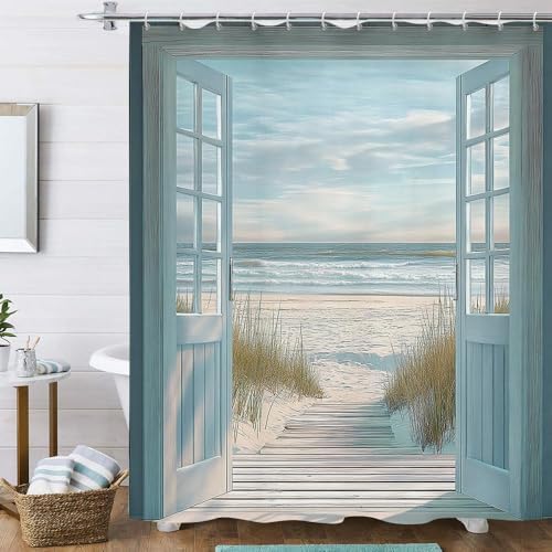 Blue Beach Barn Door Shower Curtain, Rustic Country Ocean Coastal Seaside Scenery Decor Bath Curtains, Retro Teal Wood Waterproof Bathroom Accessories Set, 72 x 72 inch with Hooks