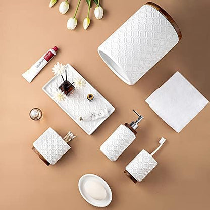 RQYIXI Ceramic Bathroom Accessories Set,Cream White,6 Piece,Embossed Design