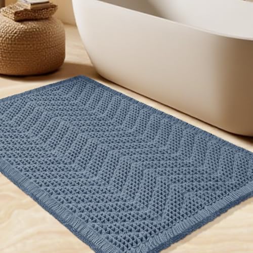 Upgrade Waffle Bath Mat, Boho Bathroom Rugs Absorbent Non Slip, Ultra Soft Bathroom Mat, Machine Washable Knit Bath Rugs with Herringbones for Bathroom, Bedroom, Kitchen, Shower, Tub, 32"x20", Blue