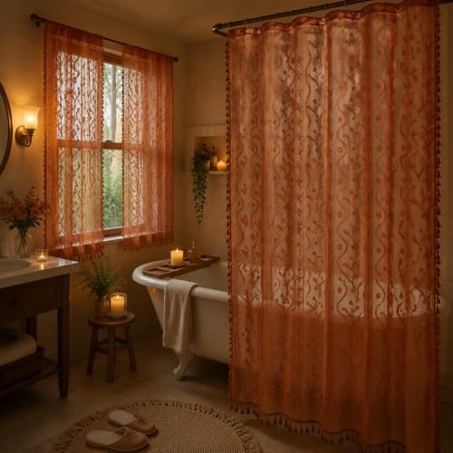 WAZZIO Bunrt Orange Lace Shower Curtain for Bathroom 72" W x 72" L, Victorian Farmhouse Floral Pattern Tassel Fancy Shower Curtain Boho Washable Cloth Decorative Bath Curtains,1 Panel