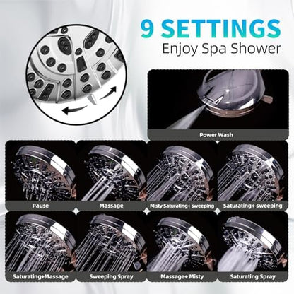 BESAQUO 9 Functions High Pressure Shower Head with Handheld,Built-in Pause Mode&Power Wash,Non-Clogging Nozzles,6ft Hose&Bracket