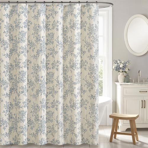 Linen Blue Floral Shower Curtain W72*L78 Inches Long
