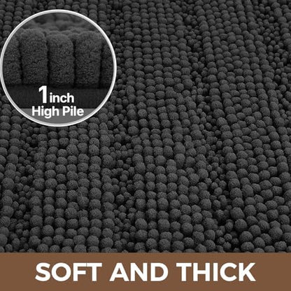 Bcoimo Bath Rug Mat, 48x30 Chenille Non Slip Black Long Bathroom Runner Rug