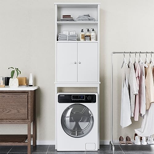 Shintenchi Over the Toilet Storage Cabinet, Bathroom Above the Toilet Rack, Bathroom Adjustable Shelf Organizer with Open Bottom Bar and Anti-Tip Device, White
