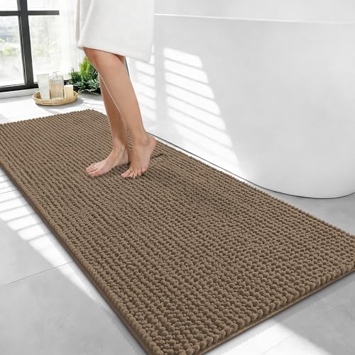 OLANLY Thick Chenille Bathroom Runner Rugs 44x24, Absorbent Bath Mat, Tan