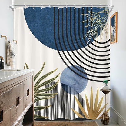 Mid Century Blue Green Boho Abstract Modern Bathroom Shower Curtain Set