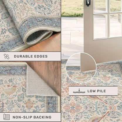 Boho Floral Bird Pattern 4x6 Large Mudroom Rug - Natural Red Blue Washable Reading Corner Area Rug, Modern Vintage Kitchen Floor Carpet, Low Pile Non-Slip Carpet for Door Mat Indoor Entrance