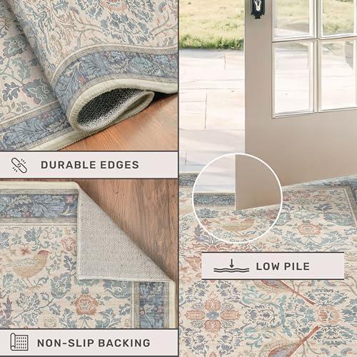 Boho Natural Red Blue 3x5 Entryway Rug, Washable Mudroom Area Rug, Modern Vintage Kitchen Floor Carpet, Low Pile Non-Slip Carpet for Indoor Entrance and Laundry Room