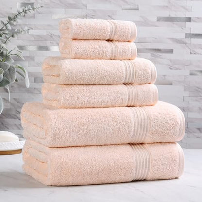 Superior Egyptian Cotton 6-Piece Towel Set, Bathroom Essentials, Towels For Bathroom, Apartment, Airbnb, Guest Bath, Face, Hand, Bath Towels, Washcloths, Absorbent, Fast Drying, Peach