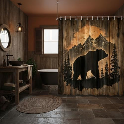 Rustic Cabin Shower Curtain for Bathroom, Forest Bear Wooden Bath Curtains, Wildlife Country Hunting Camping Waterproof Fabric Bathroom Curtain Accessories Set with Hooks,47X64IN