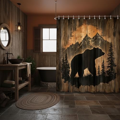 Rustic Cabin Shower Curtain for Bathroom, Forest Bear Wooden Bath Curtains, Wildlife Country Hunting Camping Waterproof Fabric Bathroom Curtain Accessories Set with Hooks,47X70IN