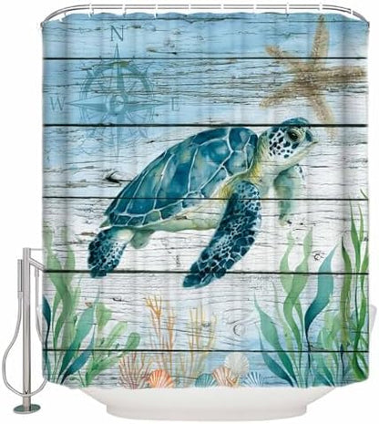 Shower Curtain Bathroom Set Sea Turtle Seagrass Starfish Waterproof Shower Curtains with Grommets Hooks Nautical Compass Blue Gradient Privacy Bath Curtain for Bathtub Decor 72x72in