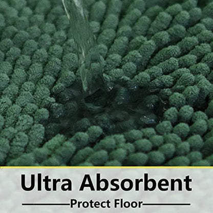 Green Bathroom Rug Chenille 3-Piece Extra Soft and Absorbent Shag Bath Mat Set, Machine Wash Bathroom Rug Set, Strong PVC Non-Slip Underside, Plush Carpet Bath Mat (Dark Green)