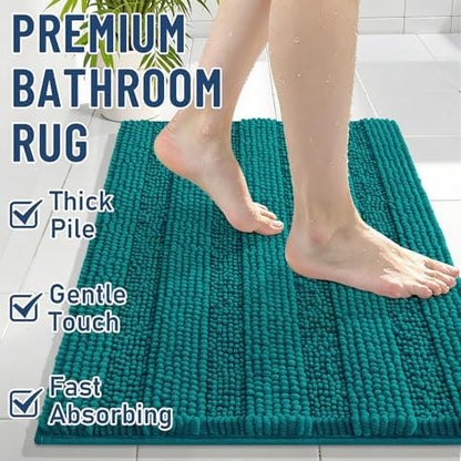 Grandaily Chenille Striped Bathroom Rugs 36x24, Extra Thick and Soft Absorbent Bath Mats, Rubber Backing, Plush Shaggy Shower Carpet, Machine Wash Dry, Bath Rug for Bathroom, Deep Lake