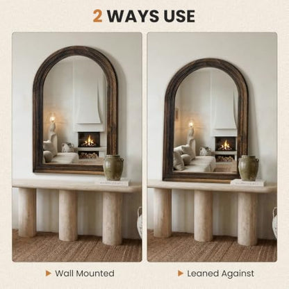 Arched Bathroom Mirror, 40"x28" Brown Wood Frame Wall Mirror