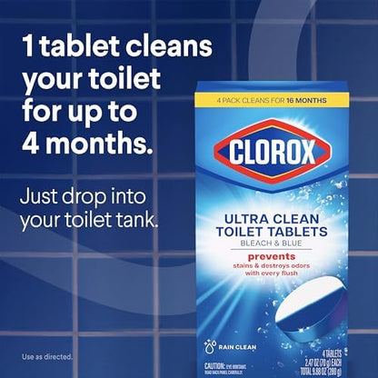 Clorox Ultra Clean Toilet Tablets Bleach & Blue, Rain Clean Scent 2.47 Ounces Each, 2 Count (Package May Vary)