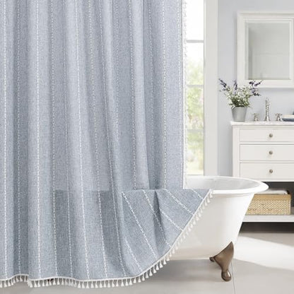Boho Farmhouse Tassel Linen Shower Curtain,3D Embroidery Stripe Blue,72x96