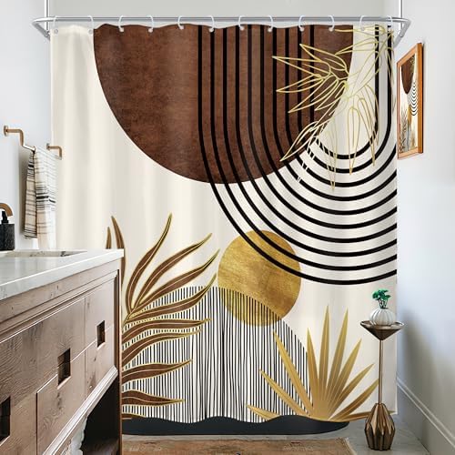 Mid Century Brown Boho Abstract Modern Gold Bathroom Shower Curtain Set