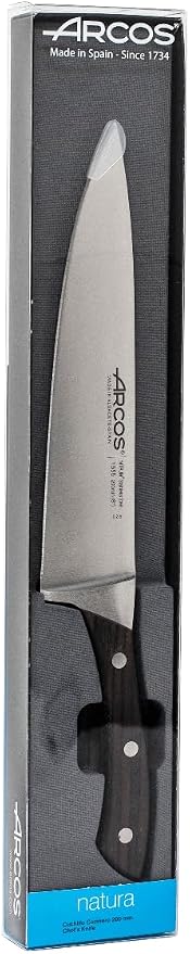Arcos Chef Knife 8 Inch Nitrum Stainless Steel and 200 mm blade. Professional Multipurpose Cooking Knife. Ergonomic Polyoxymethylene POM Rosewood Handle. Series Natura.