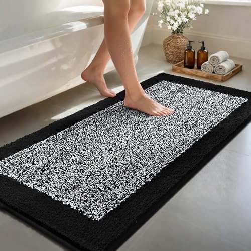 60x24 Long Bathroom Rugs Non Slip Washable, Soft Absorbent Bath Mat Black