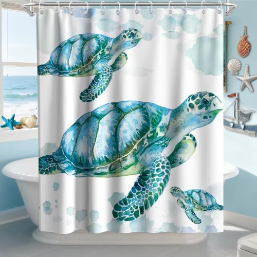 Cute Modern Ocean Shower Curtain, Beach Coastal Nautical Sea Turtle Shower Curtains for Bathroom, Waterproof Bath Curtain with Hooks Machine Washable Bathtub Curtains 72x72 Inch Blue Green